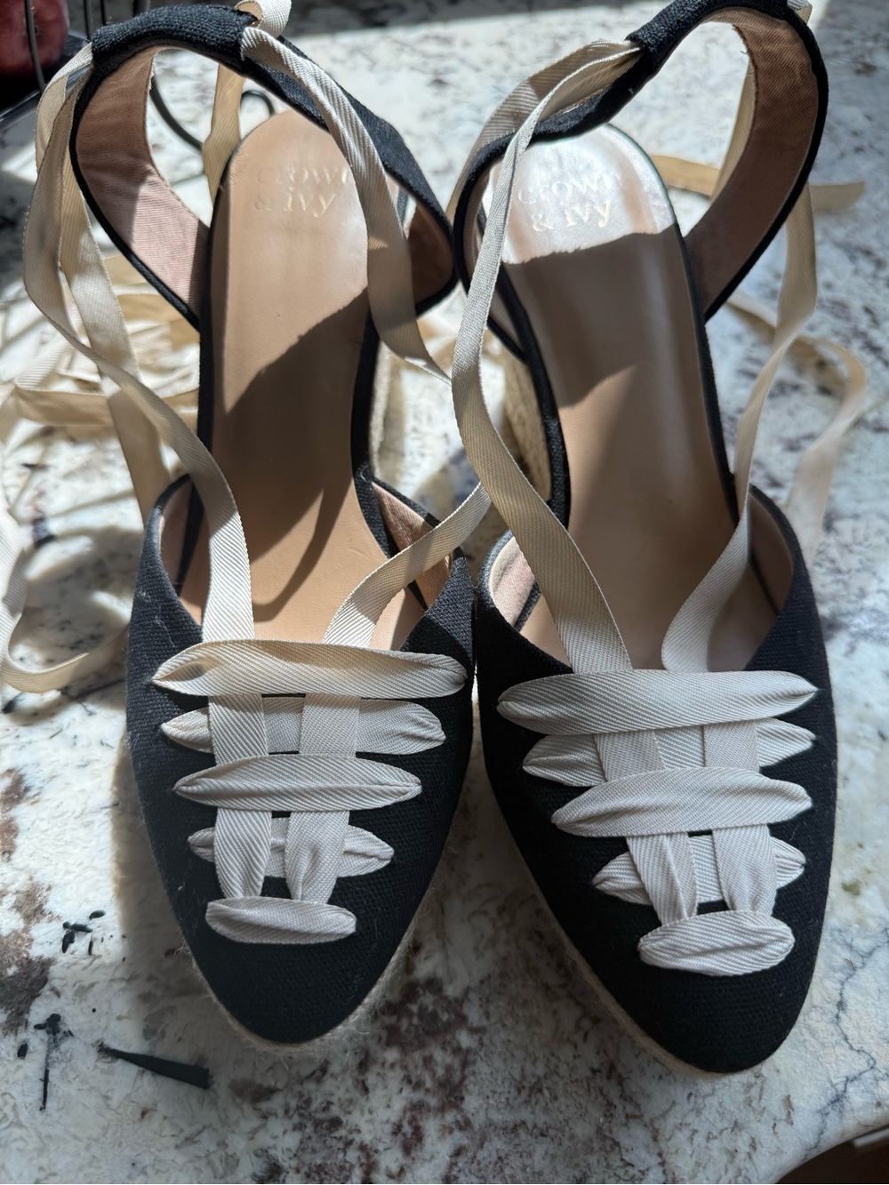 Crown & Ivy Black Pointed-Toe Lace-Up Heels with Cream Ribbon